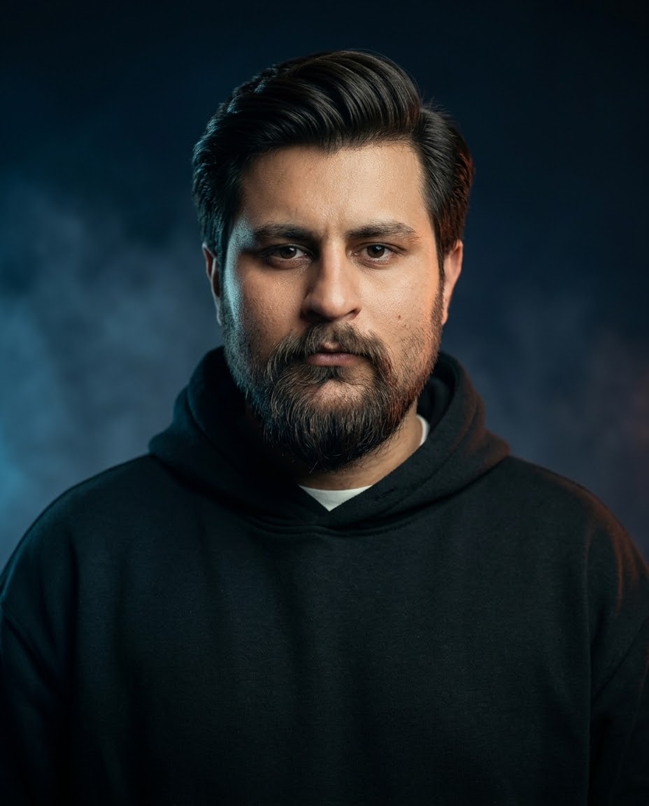 Portrait of Fakhar E Abbas Alvi in a dark hoodie against a dark blue studio backdrop