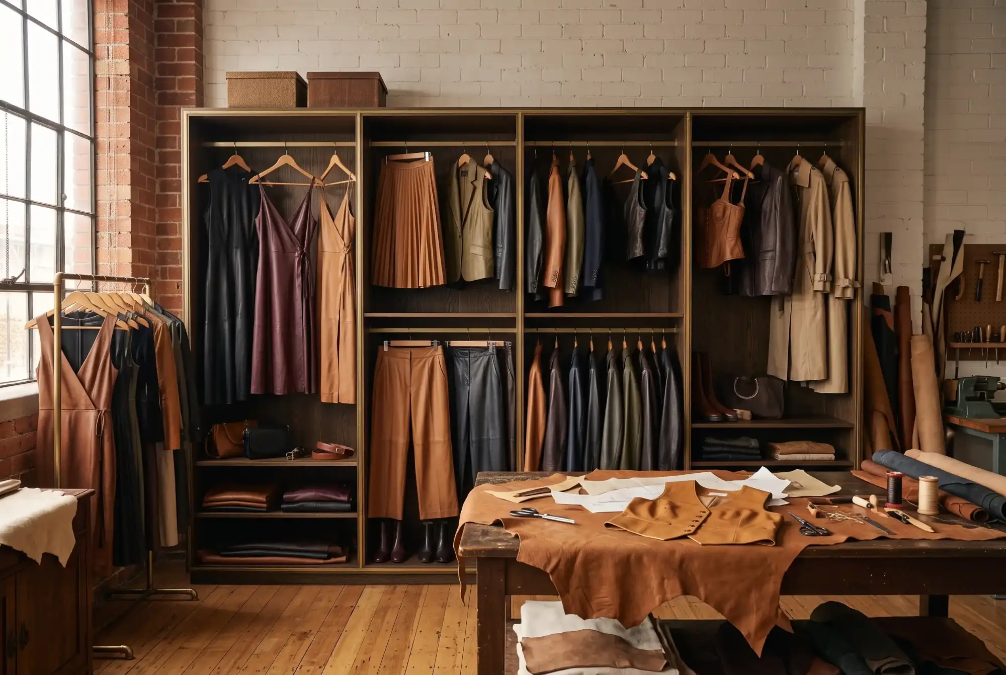 Leather dresses, jackets and trousers on a wooden wardrobe beside a cutting table