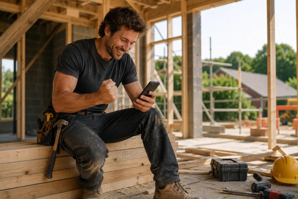 A tradesperson smiling at a phone on a building site