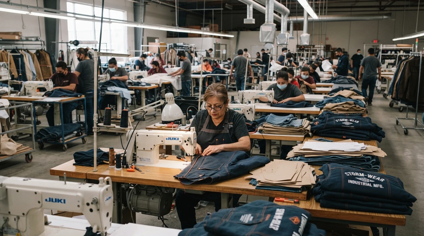 Rows of sewing machines and stacks of denim on a garment factory floor