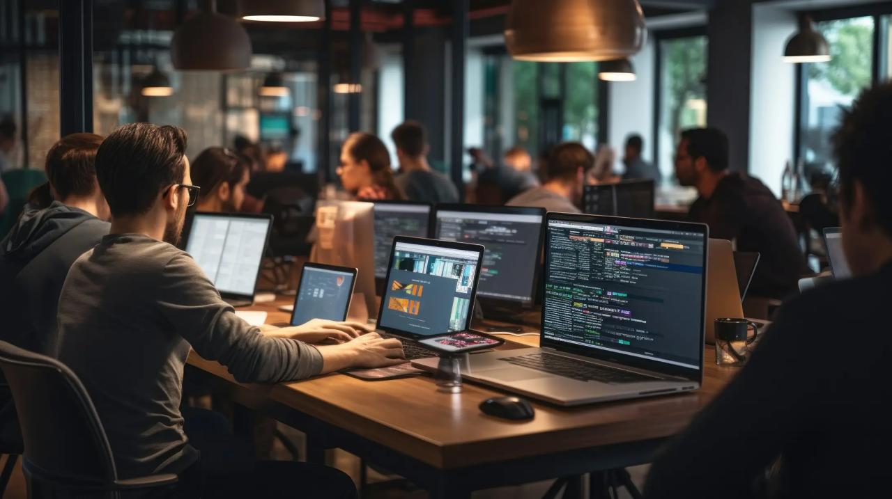 A team working at laptops in a busy office